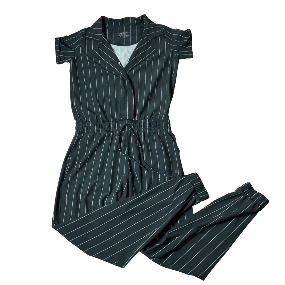Albion Fit Jetsetter Pinstripe Jumpsuit Black White XS Short Sleeve Jogger